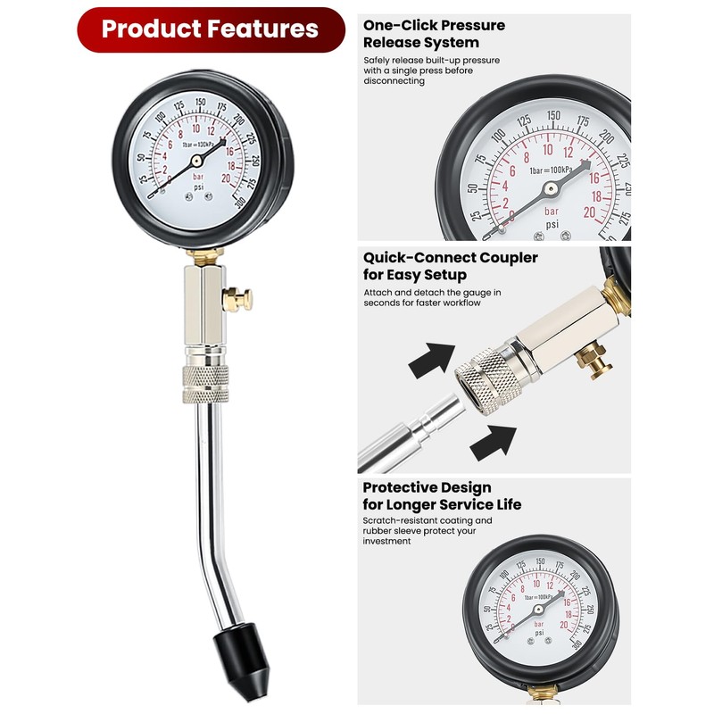 ATPEAM Compression Gauge Cylinder Pressure Gauge with Vacuum Gauge 0-300PSI