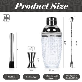 4 Pcs Cocktail Set Mixing Tools for Drinks, Raisaplin Stainless Steel Mixologist Mini Home Bar Bartender Set - Glass Shaker, Extra Long Drink Muddler, 10" Cocktail Spoon, Double Jigger - Silver