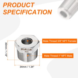 sourcing map 2pcs Stainless Steel Pipe Fitting 3/8" NPT Female x 1" NPT Male Reducer Hex Bushing Pipe Adapter Fittings Reducing Cast Pipe Connector for Water Oil Gas Tub