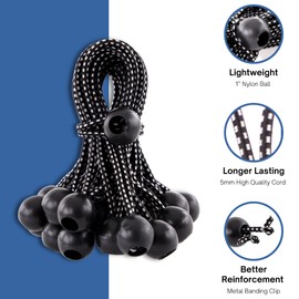 Kotap BB-6B Ball Bungee Cord, Heavy-Duty & Versatile, Indoor & Outdoor, Tarp Tie-Down, Organize & Secure, 6-Inch, Black, 50 Pack