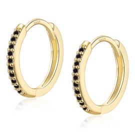 Gold Hoop Earrings for Women, Sterling Silver Small Huggie Hoop Earrings | Hypoallergenic Black Cubic Zirconia Hoops Earrings Jewellery Gifts for Girls Birthday Christmas