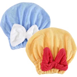 Genérico 2 Toallas Suaves con Lazo para Cabello Mojado, Gorros de Microfibra para Secar El Cabello para Mujeres, Navidad para Rellenar Bolsas de Regalos de Fiesta. (Azul + Amarillo)