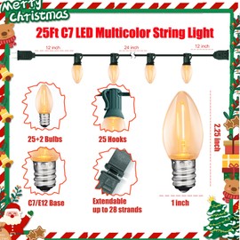 C7 Clear LED Christmas String Lights, 25FT C7 Outdoor String Lights with 27 LED Warm White Bulbs, Connectable Vintage Christmas Lights for Patio Porch Balcony Wedding Christmas Decorations, Green