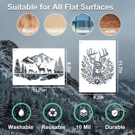 JIHIMODO 10 Pieces Deer Wood Burnig Stencils for Painting Animal Forest Mountain Tree Deer Head Stencils on Wood Wall Canvas Crafts (Style:Deer)