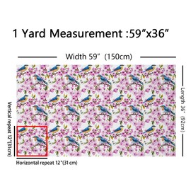 Tela colorida de pájaros de The Yard con flores de cerezo de acuarela rosa para amantes del arte, hermosa tela temática de mariposa para decoración de habitación y tapicería de bricolaje de 1 yarda