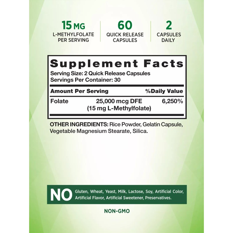 Nature's Truth L-Methylfolate 15mg | 60 Capsules | Extra Strength