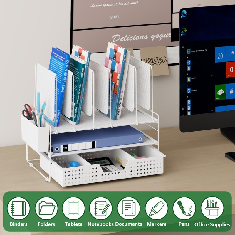 LEKETREE Desk Organizer, Office Organization with Vertical File Holder, File