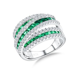 RANDES 925 Sterling Silver Crossover Statement Ring Wedding Bands Emerald Green Stone Ring 3 Rows Princess Cut Wide Band Rings Size 7