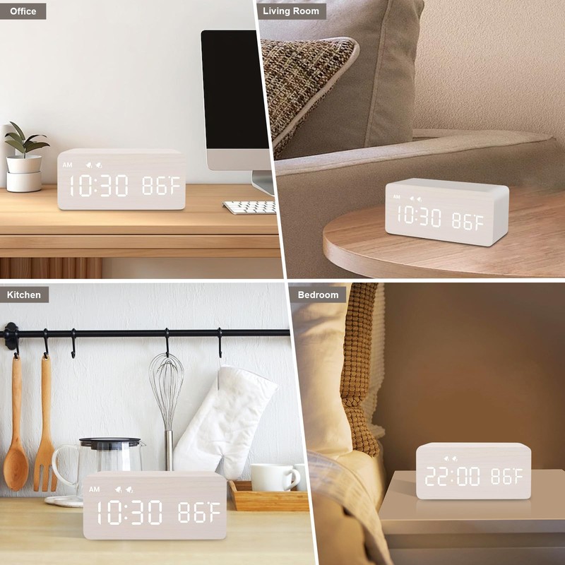 MOSITO Digital Wooden Alarm Clock with Wireless Charging, 0-100% Dimmer,
