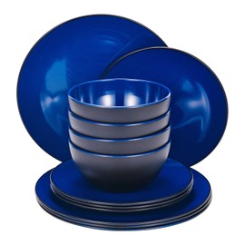 TP 12-Piece Dinnerware Set, Melamine Dishes Set with Bowls and Plates, Non-breakable and Lightweight Dinner Service for 4, Black and Blue