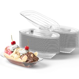 Super Fun Recyclable 8oz Banana Split Boats 100 Pack. Durable, Disposable Ice Cream Sundae Bowls. Perfect Plastic Cups for Social Event or Kids Birthday Party. Great Clear Dessert Tray for Carnivals.