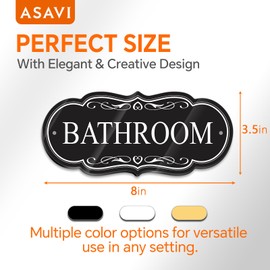 ASAVI Bathroom Sign – 8x3.5 Inch Premium Acrylic Door Sign, Waterproof and Durable, Self-Adhesive Backing with Pre-Drilled Holes, Black/Gold/White, for Home, Office, Commercial Use (Black)