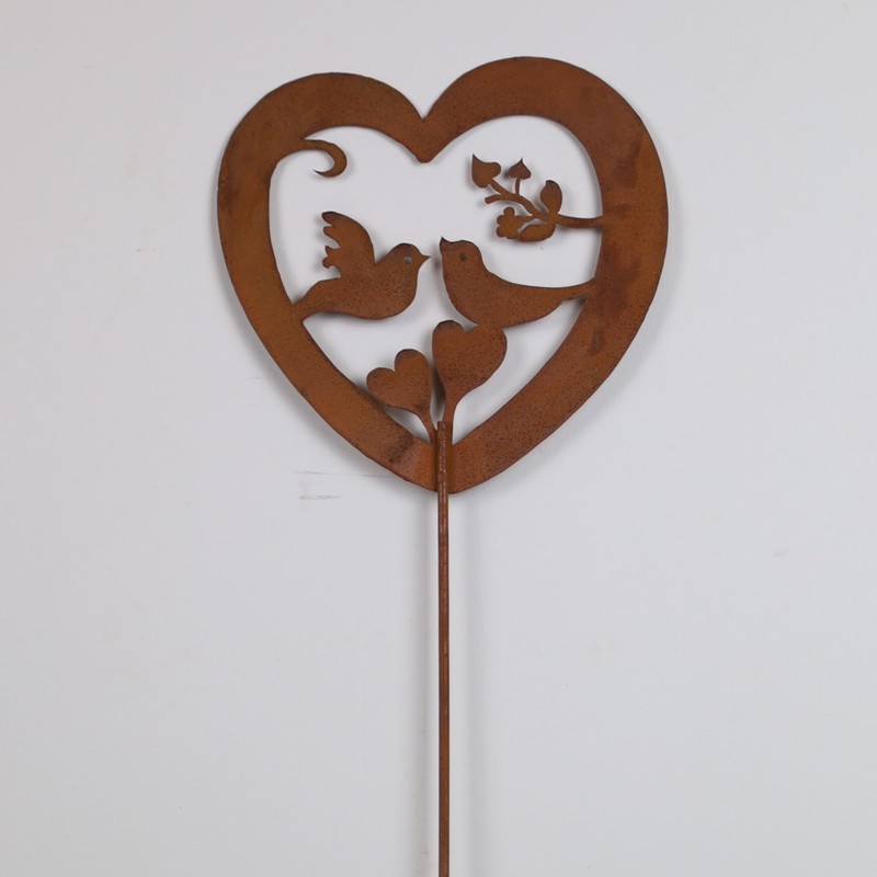 Outdoor Rustic Rusty Metal Spike Love Birds Heart Garden Plaque