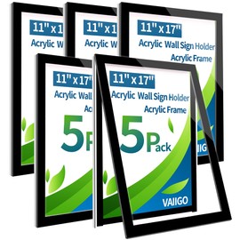 VAIIGO 5Pack 11" x 17" Acrylic Sign Holder Wall Mount, Self Adhesive Magnetic Display Frame with Nano Tape and Strong Magnetic Border for Wall, Door, Glass, Home, Store, Office, Black
