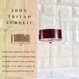 Unbreakable Stemmed Square Tritan Acrylic Wine Glasses European Style | Set of 8 | 100% US Drinkware, 18 oz Dishwasher Safe Clear Color Shatterproof BPA-free plastic, Floating Pool, Indoor and Outdoor