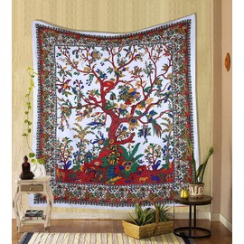 Indian Cotton Tapestry Tree of Life Wall Hanging Large Boho Bohemian Trippy Hippie Psychedelic Bedspread Throw Picnic Mat Living Room Home Decor (White- Tree of Life, 90x84 inches (220x215 cm))