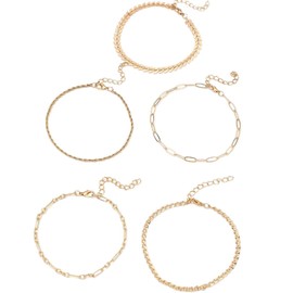 Set of 5 Gold Plated Chain Anklets for Women with Adjustable Extension, Minimalist Anklet Bracelet Set Featuring Paperclip, Rope, and Curb Chains for Layering, Summer Fashion, or Beach Jewelry Looks