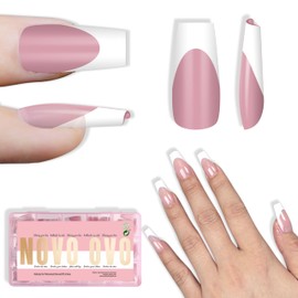 NOVO OVO Weiße French Tip Coffin Nagelspitzen Press on,BERRY PINK,Extra dicke,mittelweiche Gel-Nägel aus Acryl,benötigt Aufbaugel-Überlack,kein Kleber enthalten,für Salon DIY 15 Größen,240 Stück