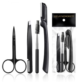 Eyebrow Razor Kit, 4 in 1 Professional Eyebrow Grooming Set for Women and Men, Including Eyebrow Razor Trimmer, Tweezer, Scissor, Eyelashes Roller, Storage Bag