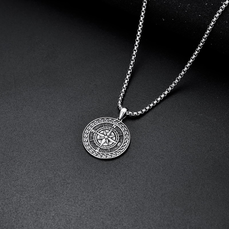 Shusukue Compass Chain 925 Sterling Silver Compass Pendant Necklace Oxidised