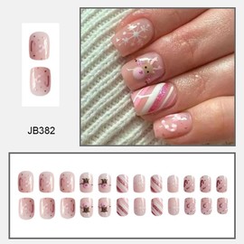 24Pcs Christmas Press on Nails Short Fake Nails Square Pink False Nails with Elk Cane Snowflake Design Glue on Nails Glossy Full Cover Acrylic Nails Xmas Stick on Nails for Women DIY Nail Decorations