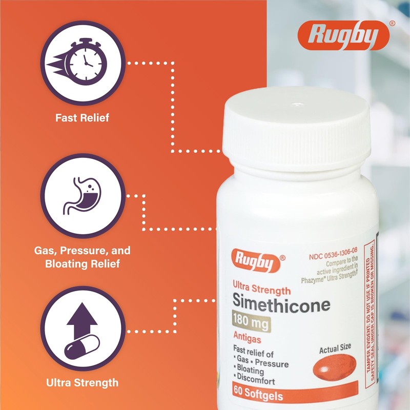 Rugby Ultra Strength Simethicone Gas Relief 180mg Softgels for Bloating