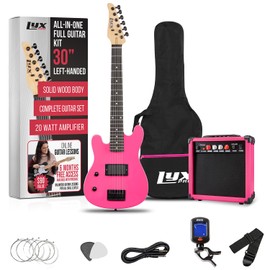 LyxPro Left Hand 30 Inch Electric Guitar Kit for Lefty Kids 3/4 Size Beginner’s Guitar, Amp, Six Strings, Two Picks, Shoulder Strap, Digital Clip On Tuner, Guitar Cable and Soft Case Gig Bag - Pink