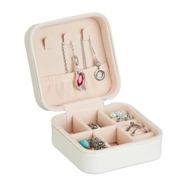 Relaxdays Jewellery Box, Small Jewellery Storage, Rings & Chains, Travel Jewellery Case, H 5 x W 10 x D 10 cm, White