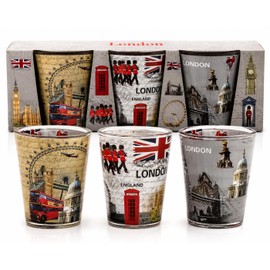 JRose Collections London Shot Glass Set of 3 with Gift Box, Printed Glass Souvenir Set Featuring Big Ben London Eye Union Jack Red Bus British England Collectible Mini Drinking Glasses 1032