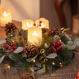 Valery Madelyn 46 cm Christmas Wreath Door Wreath Christmas Front Door Wreath Red Green Christmas Door Wreath with Lighting Lights and Pine Cones, Berries for Christmas Decoration