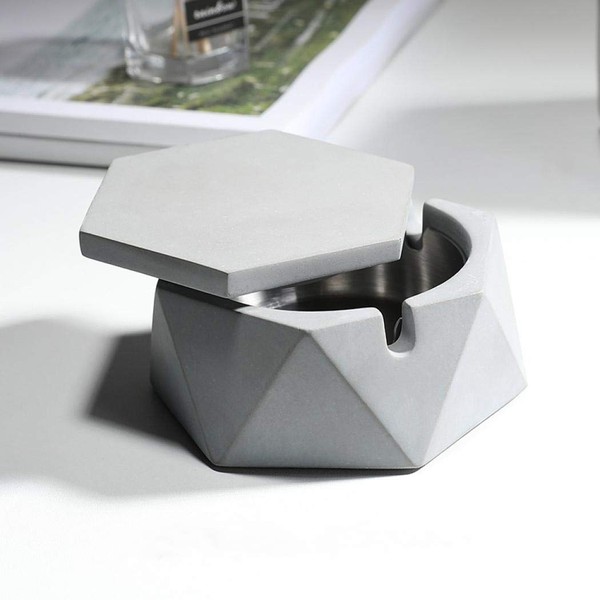 Ceramic Ashtray with Lid Windproof Hand Stamped Pattern Ashtrays for Home or Outdoor (Light Grey)