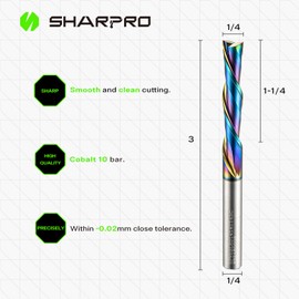 SHARPRO Extra Long Downcut Spiral Router Bit 1/4 Inch Shank 1/4 Inch Cutting Dia 1-1/4" CL. 3" OVL. Solid Carbide Down Cut CNC Bit with Smooth Quark Coating for Wood and Metal Cutting, Engraving