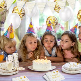 YIMAKJ White and Gold Party Tableware, Pack of 112 Birthday Party Tableware, Paper Plates Children's Birthday for Parties, Birthday, Wedding Party, Anniversaries, Graduation, Baby Shower