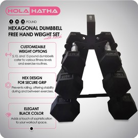 HolaHatha Hexagonal Rubber Dumbbell Weights Set with Rack, Home Gym Equipment, 60 Lbs, Black - Portable Weighted Exercise Dumbbells for Fitness, Training, and Lifting Workouts