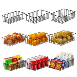 9 Pack (3 Szie) Small Wire Storage Baskets for Organizing,Pantry Organization Bins for Cabinets, Metal Basket for Kitchen, Laundry, Garage, Fridge, Bathroom Countertop,Freezer Organizer (Black)