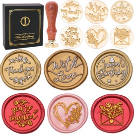 SWANGSA Blessing Wax Seal Stamp Gift Box Set, Vintage 6 Sealing Stamp Heads + 1 Wooden Hilt, Wax Stamp Kit for Party Invitations, Envelops, Cards and Gift Packaging (Phrases Kit)