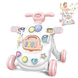 KalaDuck Lauflernhilfe Baby ab 6 Monate, Lauflernwagen mit Multifunktionale Aktivitätszentren, Höhenverstellbarer Schiebe und Ziehspielzeug, Musikalisches Baby Lernspielzeug Geschenk (Rosa)