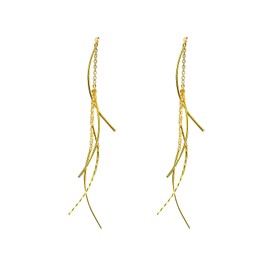 Yellow gold plate 925 Sterling Silver Threader Tassel Curve Dangle Earrings for women Thin Face/LONG:3in/lightweight/Clip in (Gold)