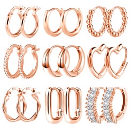 Gold Hoop Earrings Set, 9 Pairs of 14 Carat Real Gold-Plated Hoop Earrings, Gold, Small, for Women, Hypoallergenic Cartilage Huggie Hoop Earrings with AAA+ Zirconia Twist Heart Piercing Earrings Gold
