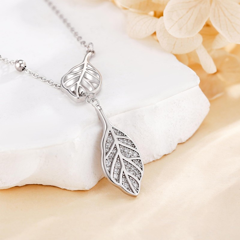 DAYLINLOVE Leaf Necklace 925 Sterling Silver Long Y Leaf Adjustable