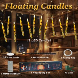 Floating Candles with Wand Remote Timer 12PCS Floral Flameless Taper Candle Sunflower LED Magic Hanging Candlestick Battery Operated Floating Candles with Flowers for Home Wedding Garden Party Decor