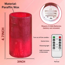 DEVSYWAX LED Pillar Candles,Battery Operated 4.7" Red Hand-Poured Real Wax Flameless Candles 10-Key Timer Remote and Flicker Mode for Home Decor Wedding Party