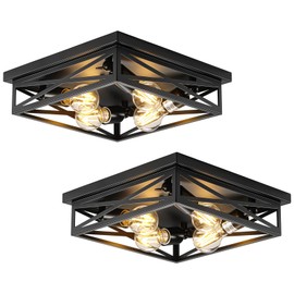 2 Pack Flush Mount Ceiling Light Fixture, Black Hallway Light, Metal Cage Closed to Ceiling Mounted Lights, 4-light Farmhouse Flush Mount Light Fixture for Bedroom Hallway Entryway E26 Base 13in