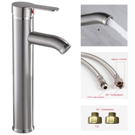 Bathroom Vessel Bowl Sink Faucet Single Handle Brushed Nickel Lavatory Vanity Mixer Bar Tap with Pop Up Drain Tall Spout Single Hole Deck Mount
