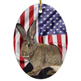 American Flag Themed with Brown Flemish Giant Rabbit Christmas Ornaments 2024 Oval White Ceramic Farm Owner Gift