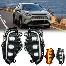 LED Daytime Running Lights Fit for Toyota RAV4 2019 2020 2021 2022 2023 DRL Fog Lights Kit Rav4 Fog Lights Assembly Replace Amber Turn Signal Lamps 3 Eyes RAV4 DRL Daylights with Bezel 2pieces