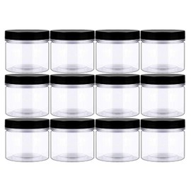 14oz (420ml 12 Pack) Empty Clear Wide Mouth Plastic Jars with Smooth Lids and Labels - Round PET Containers for Food Storage and Dry Goods,Craft and More - BPA Free (Black Lids)