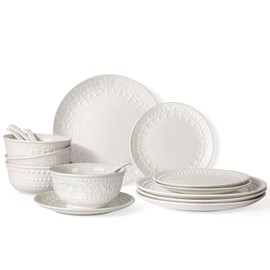Wareland Plates and Bowls Sets - 16 Pieces Ceramic Dinnerware Sets for 4, Embossed White Dish Set Porcelain Kitchen Dishware Sets Dishwasher & Microwave Safe (Multiple Patterns)