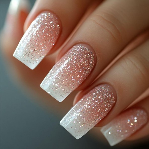 SINHOT Square Press on Nails Long - White Gradient Fake