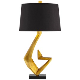 Possini Euro Design Zeus Mid Century Modern Glam Luxury Table Lamp 28.5" Tall Sculptural Gold Leaf Metal Black Fabric Tapered Drum Shade Decor for Living Room Bedroom House Bedside Nightstand Home